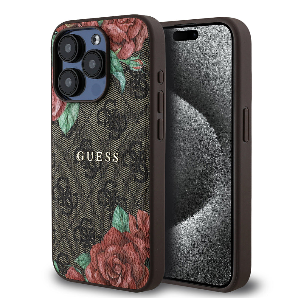 Apple iPhone 15 Pro Kılıf Guess Orjinal Lisanslı M-safe Şarj Özellikli Gül Baskılı 4G Desenli Yazı Logolu Kapak - Görsel 2