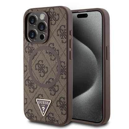 Apple iPhone 15 Pro Kılıf Guess Orjinal Lisanslı M-safe Şarj Özellikli PU Üçgen Logo 4G Desenli Kapak - Görsel 2