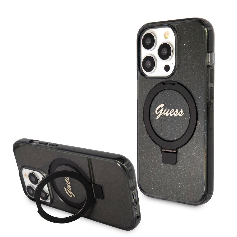Apple iPhone 15 Pro Kılıf Guess Orjinal Lisanslı M-safe Şarj Özellikli Simli Arka Yüzey Ring Standlı Kapak - Görsel 2