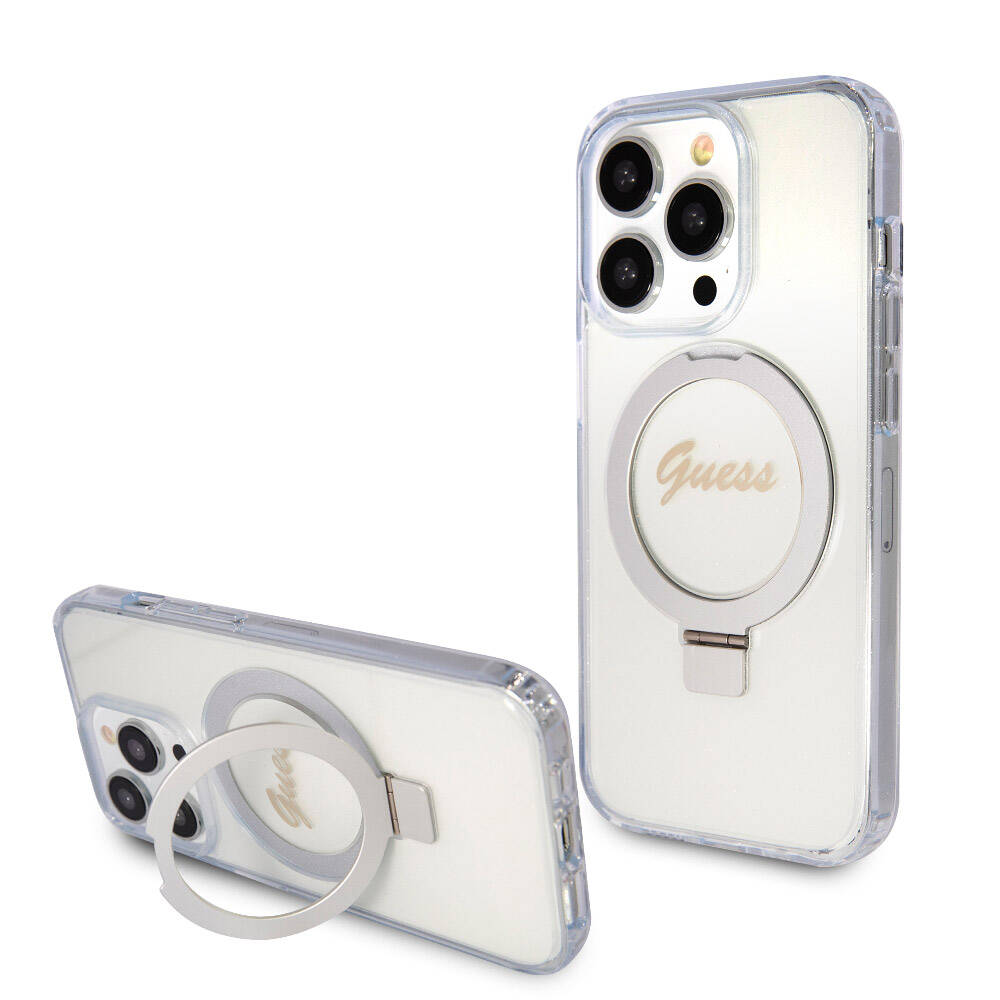 Apple iPhone 15 Pro Kılıf Guess Orjinal Lisanslı M-safe Şarj Özellikli Simli Arka Yüzey Ring Standlı Kapak - Görsel 3