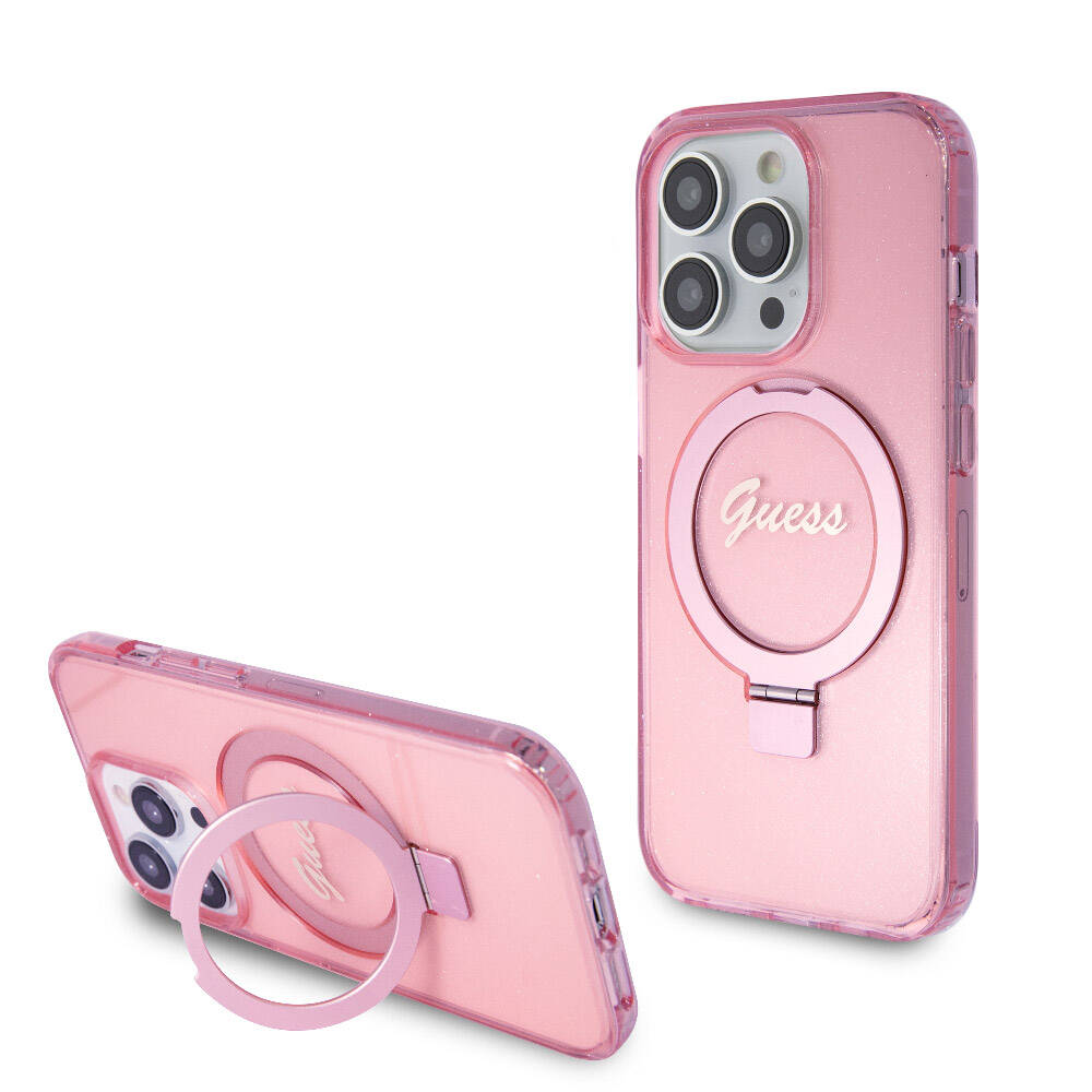 Apple iPhone 15 Pro Kılıf Guess Orjinal Lisanslı M-safe Şarj Özellikli Simli Arka Yüzey Ring Standlı Kapak - Görsel 4