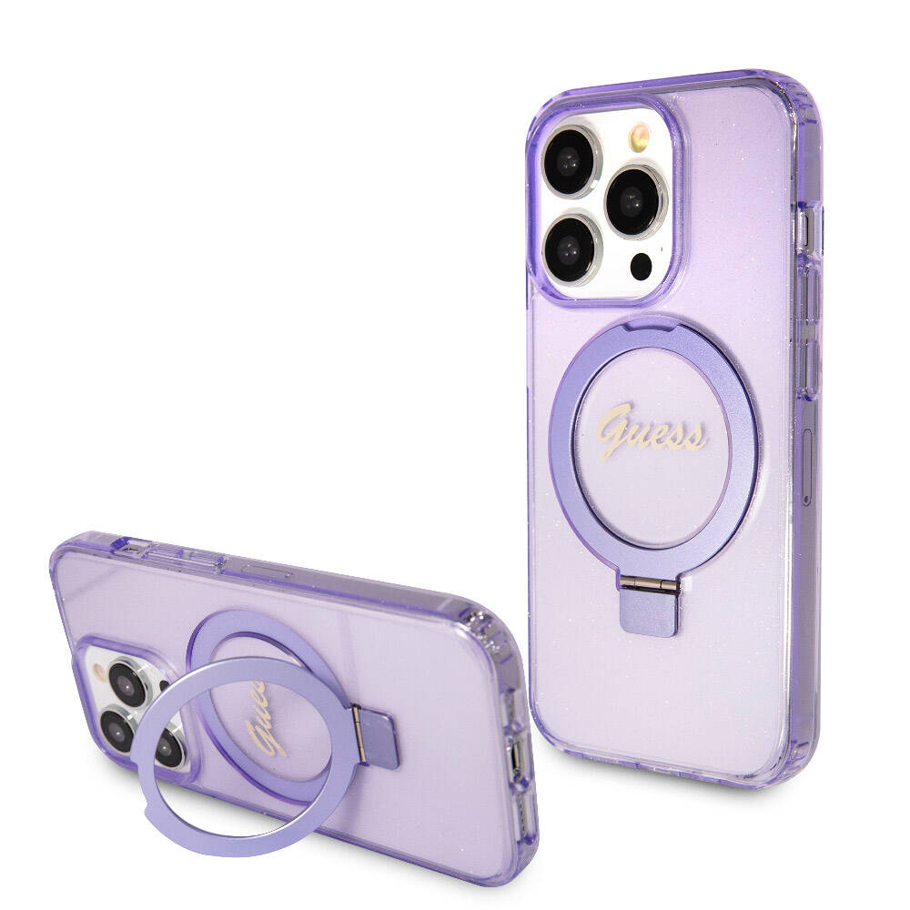 Apple iPhone 15 Pro Kılıf Guess Orjinal Lisanslı M-safe Şarj Özellikli Simli Arka Yüzey Ring Standlı Kapak - Görsel 5