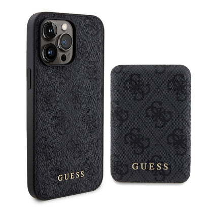 Apple iPhone 15 Pro Kılıf Guess Orjinal Lisanslı M-safe Şarj Özellikli Yazı Logolu 4G Desenli Kapak + Powerbank 5000mAh 2in1 Set