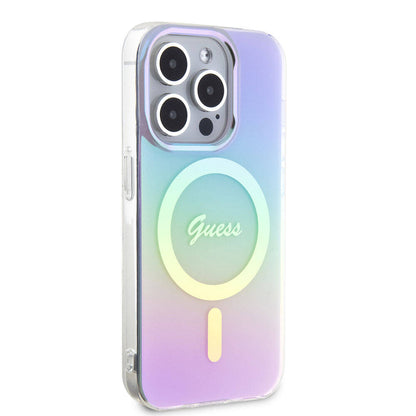 Apple iPhone 15 Pro Kılıf Guess Orjinal Lisanslı M-safe Şarj Özellikli Yazı Logolu Iridescent Kapak - Görsel 4