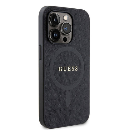 Apple iPhone 15 Pro Kılıf Guess Orjinal Lisanslı M-safe Şarj Özellikli Yazı Logolu Saffiano Kapak - Görsel 2
