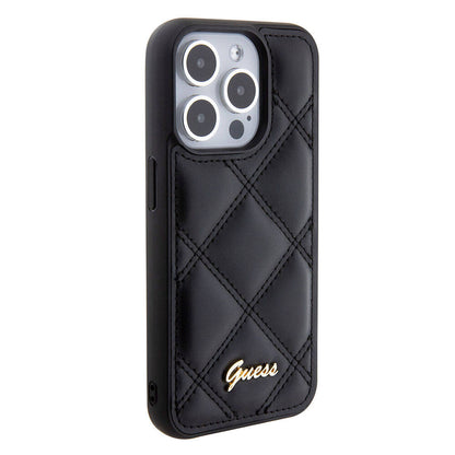Apple iPhone 15 Pro Kılıf Guess Orjinal Lisanslı PU Deri Metal Yazı Logolu Kapitone Kapak - Görsel 2
