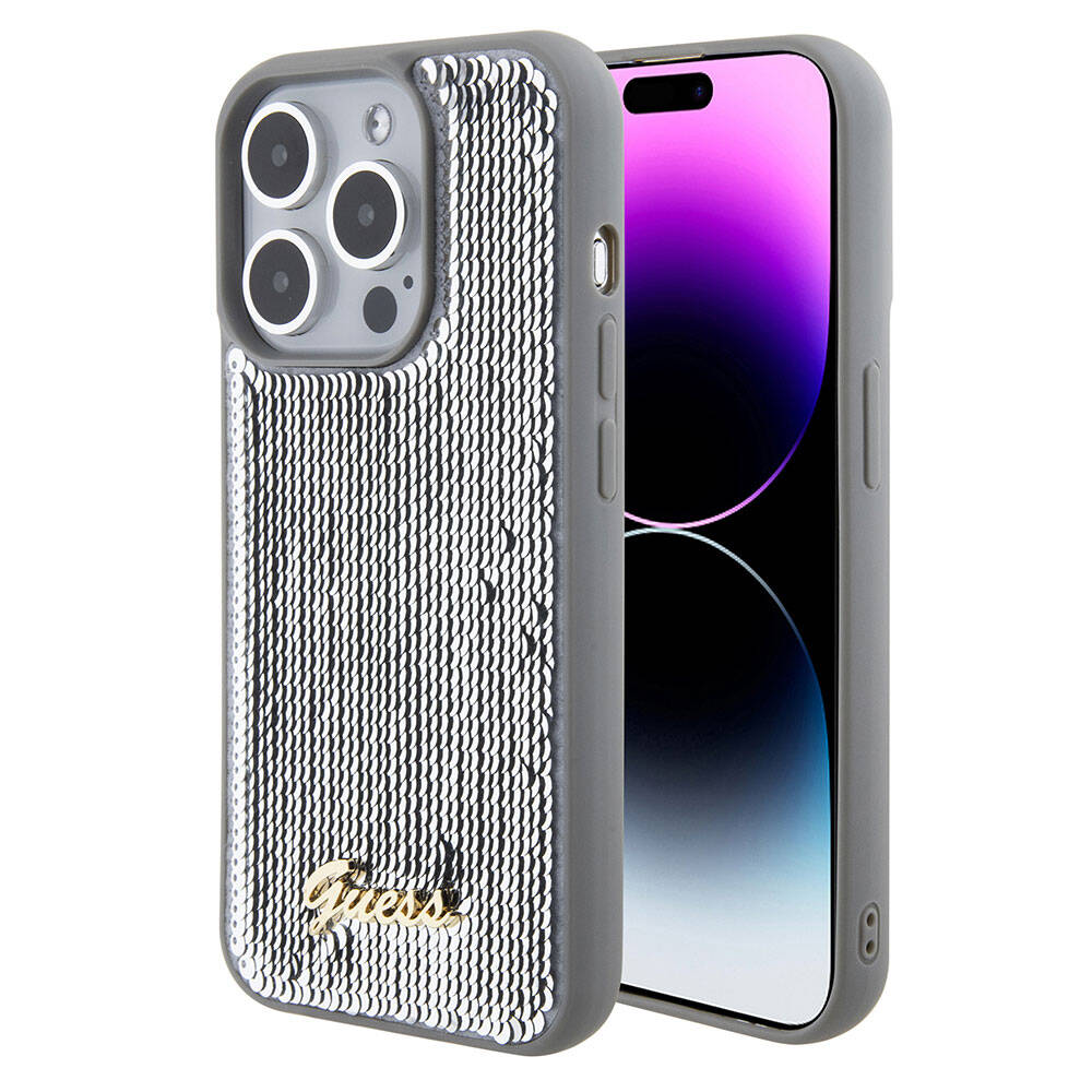 Apple iPhone 15 Pro Kılıf Guess Orjinal Lisanslı Pullu Arka Yüzey Metal Yazı Logolu Sequin Script Kapak - Görsel 4