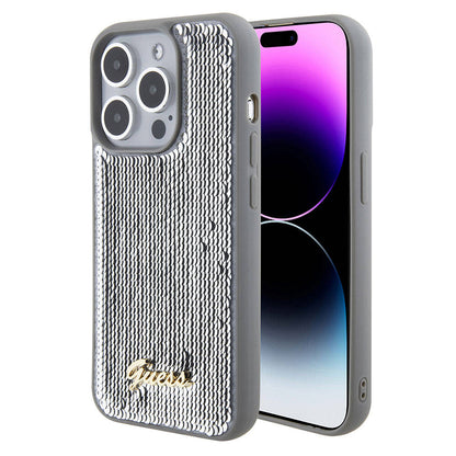 Apple iPhone 15 Pro Kılıf Guess Orjinal Lisanslı Pullu Arka Yüzey Metal Yazı Logolu Sequin Script Kapak - Görsel 4