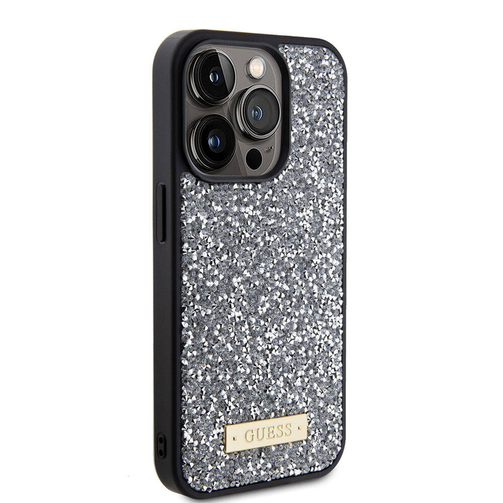 Apple iPhone 15 Pro Kılıf Guess Orjinal Lisanslı Taşlı Arka Yüzey Metal Yazı Logolu Kapak - Görsel 5