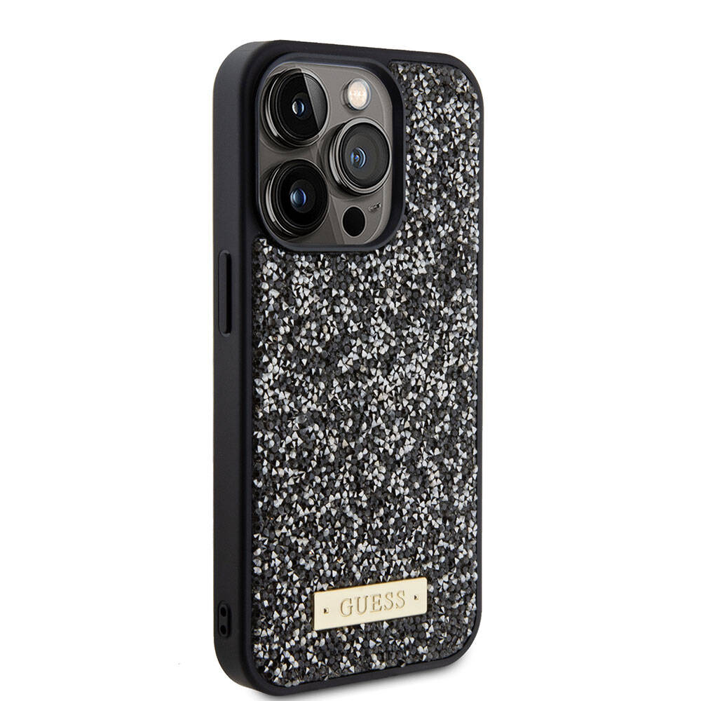 Apple iPhone 15 Pro Kılıf Guess Orjinal Lisanslı Taşlı Arka Yüzey Metal Yazı Logolu Kapak - Görsel 2