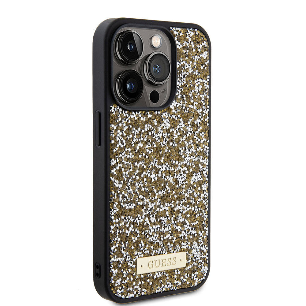 Apple iPhone 15 Pro Kılıf Guess Orjinal Lisanslı Taşlı Arka Yüzey Metal Yazı Logolu Kapak - Görsel 3