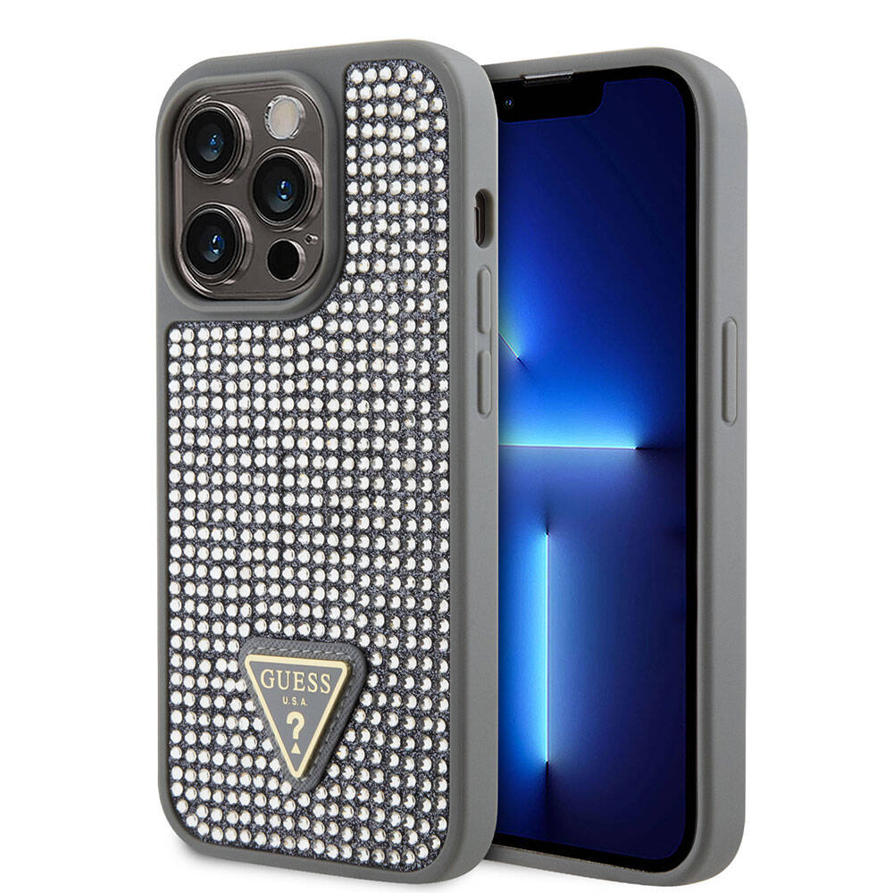 Apple iPhone 15 Pro Kılıf Guess Orjinal Lisanslı Taşlı Arka Yüzey Üçgen Logolu Kapak - Görsel 3