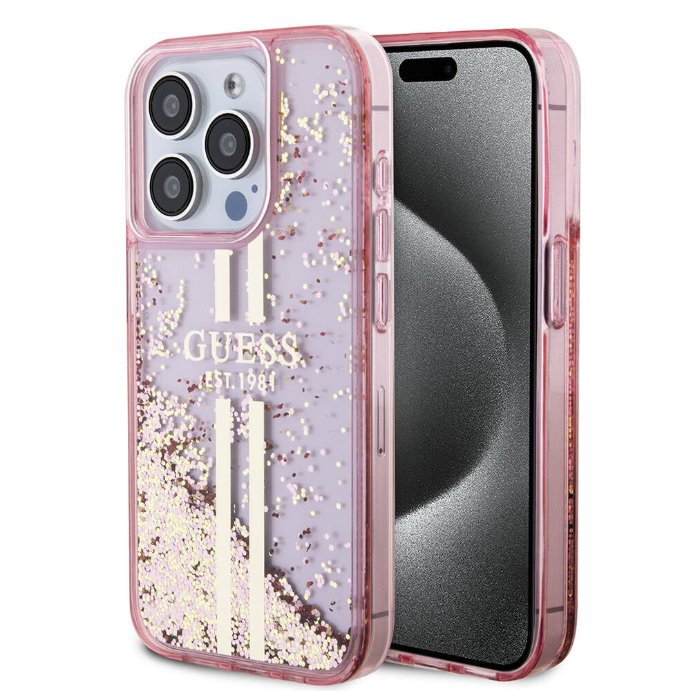 Apple iPhone 15 Pro Kılıf Guess Orjinal Lisanslı Transparan Sıvılı Simli Altın Çizgili Kapak - Görsel 2
