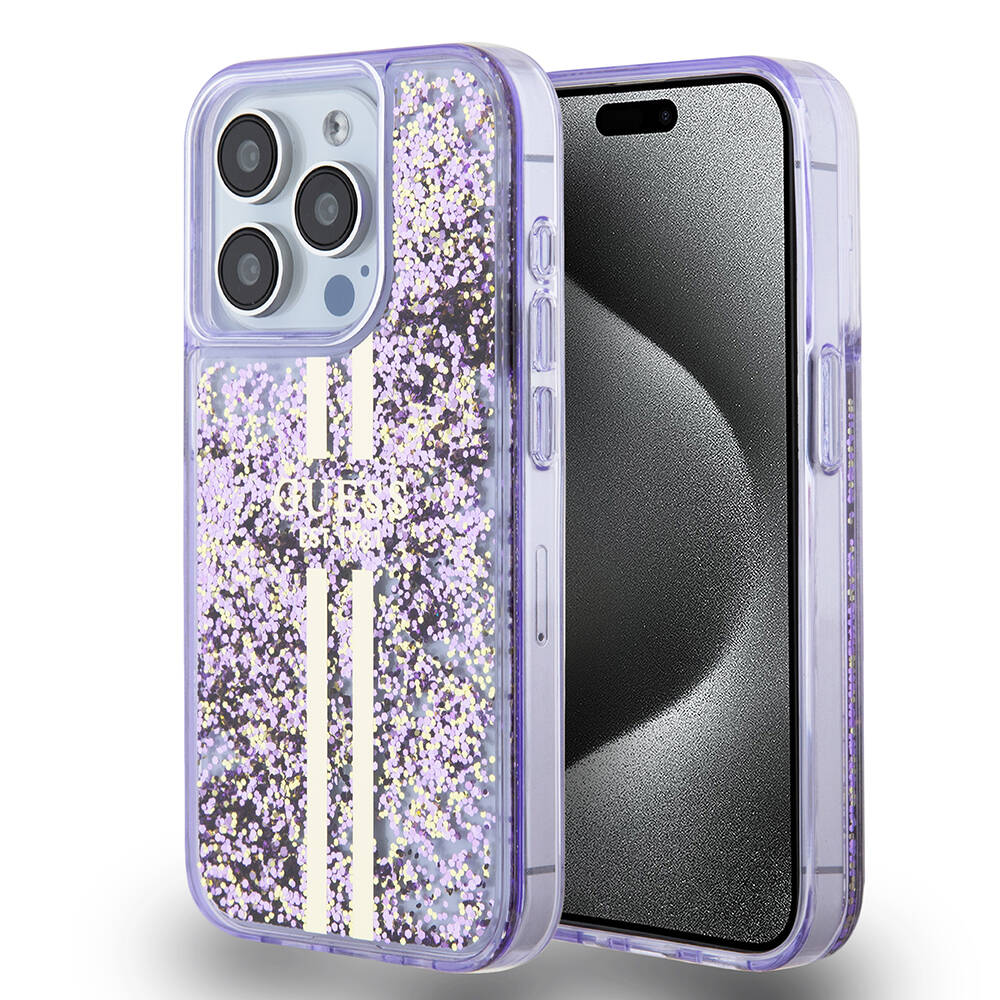 Apple iPhone 15 Pro Kılıf Guess Orjinal Lisanslı Transparan Sıvılı Simli Altın Çizgili Kapak - Görsel 3