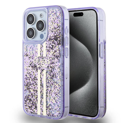 Apple iPhone 15 Pro Kılıf Guess Orjinal Lisanslı Transparan Sıvılı Simli Altın Çizgili Kapak - Görsel 3
