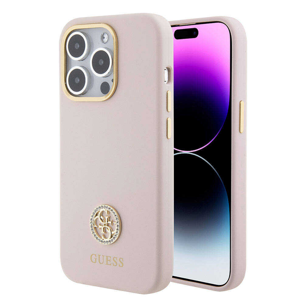 Apple iPhone 15 Pro Kılıf Guess Orjinal Lisanslı Yazı ve Taşlı 4G Logolu Metal Kamera Çerçeveli Silikon Kapak - Görsel 2
