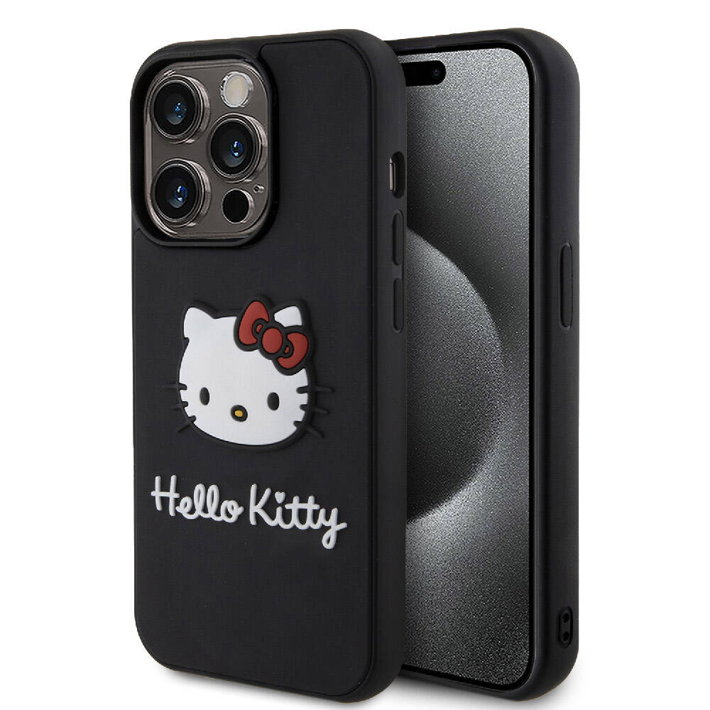 Apple iPhone 15 Pro Kılıf Hello Kitty Orjinal Lisanslı Yazı ve İkonik Logolu 3D Rubber Kitty Head Kapak - Görsel 3
