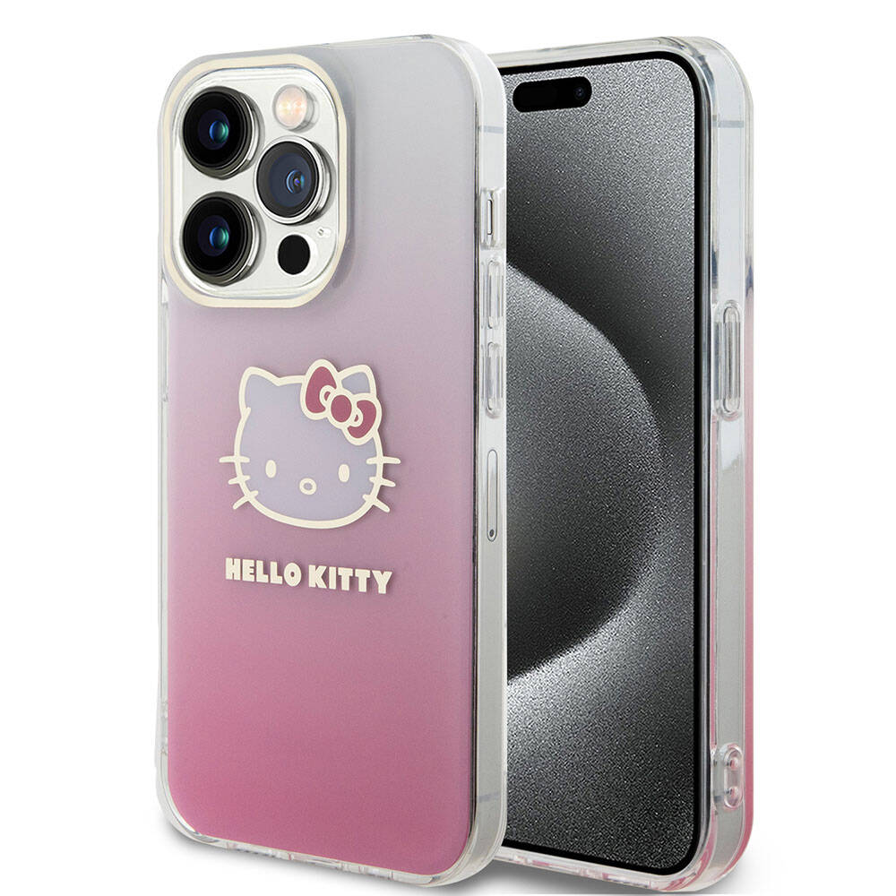 Apple iPhone 15 Pro Kılıf Hello Kitty Orjinal Lisanslı Yazı ve İkonik Logolu Elektroplating Kaplama Gradyan Kapak - Görsel 3