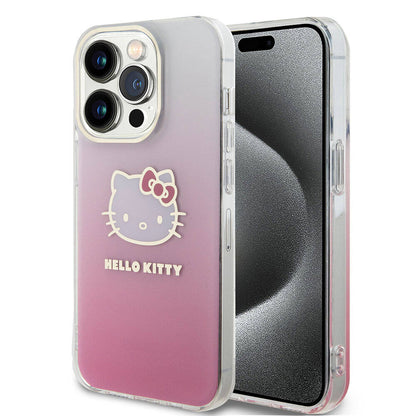 Apple iPhone 15 Pro Kılıf Hello Kitty Orjinal Lisanslı Yazı ve İkonik Logolu Elektroplating Kaplama Gradyan Kapak - Görsel 3