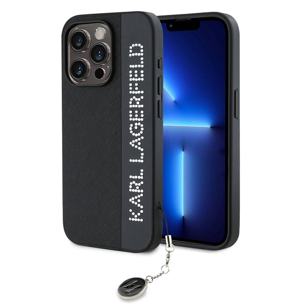 Apple iPhone 15 Pro Kılıf Karl Lagerfeld Orjinal Lisanslı Anahtarlıklı Taşlı KL Yazılı Saffiano Rhinestones Kapak - Görsel 2