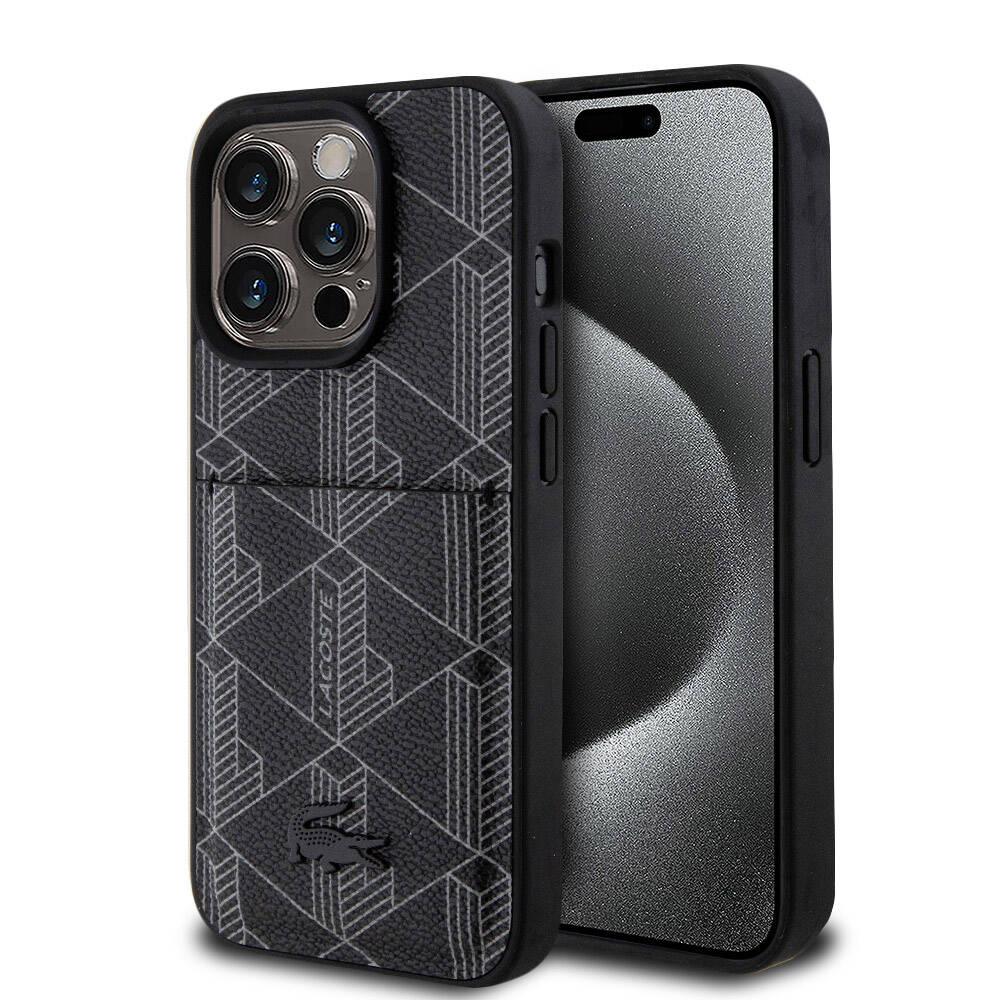 Apple iPhone 15 Pro Kılıf Lacoste Orjinal Lisanslı M-safe Şarj Özellikli PU Deri Görünümlü Kartlıklı Karışık Monogram Desenli Kapak - Görsel 3