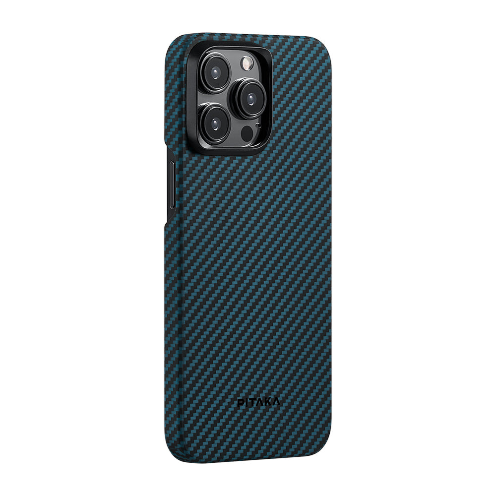 Apple iPhone 15 Pro Kılıf M-safe Şarj Özellikli 1500D Aramid Fiber Pitaka Ultra-Slim Classic Serisi Black-Blue Twill Kapak - Görsel 2
