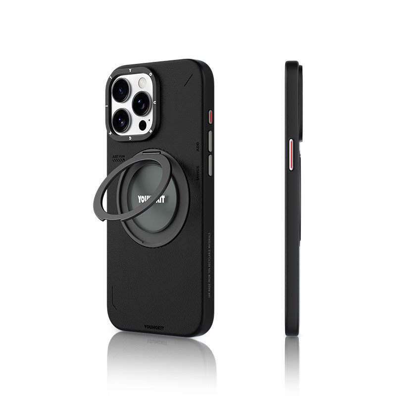 Apple iPhone 15 Pro Kılıf M-safe Şarj Özellikli 360° Standlı Basit Mat Deri Desenli Youngkit Tech Leather Serisi Kapak - Görsel 2