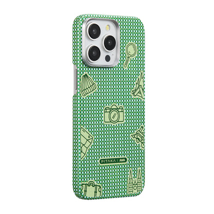 Apple iPhone 15 Pro Kılıf M-safe Şarj Özellikli Awa Tasarımlı 1500D Aramid Fiber Pitaka Ultra-Slim Classic Serisi Forest Kapak