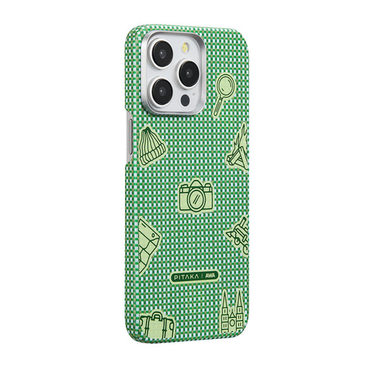 Apple iPhone 15 Pro Kılıf M-safe Şarj Özellikli Awa Tasarımlı 1500D Aramid Fiber Pitaka Ultra-Slim Classic Serisi Forest Kapak