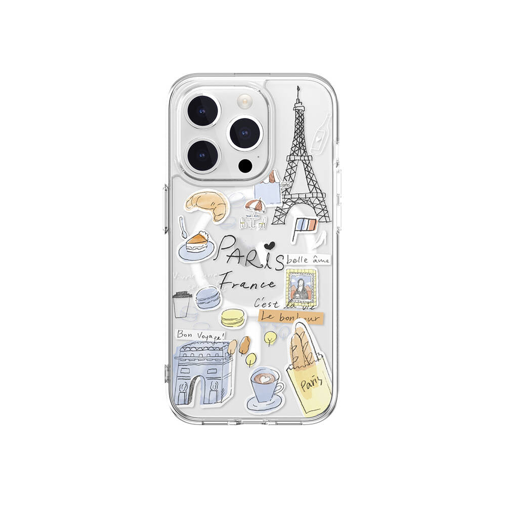 Apple iPhone 15 Pro Kılıf M-safe Şarj Özellikli Çizim Desenli Şok Önleyicili Şeffaf Lisanslı Switcheasy City-M Paris Kapak - Görsel 2