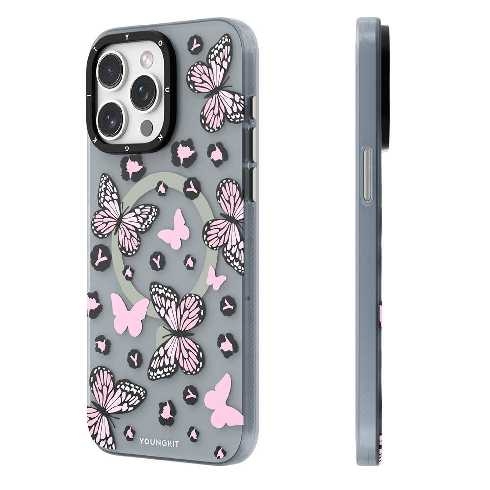 Apple iPhone 15 Pro Kılıf M-safe Şarj Özellikli Kelebek Desenli Youngkit Shadow Dance Serisi Kapak - Görsel 3