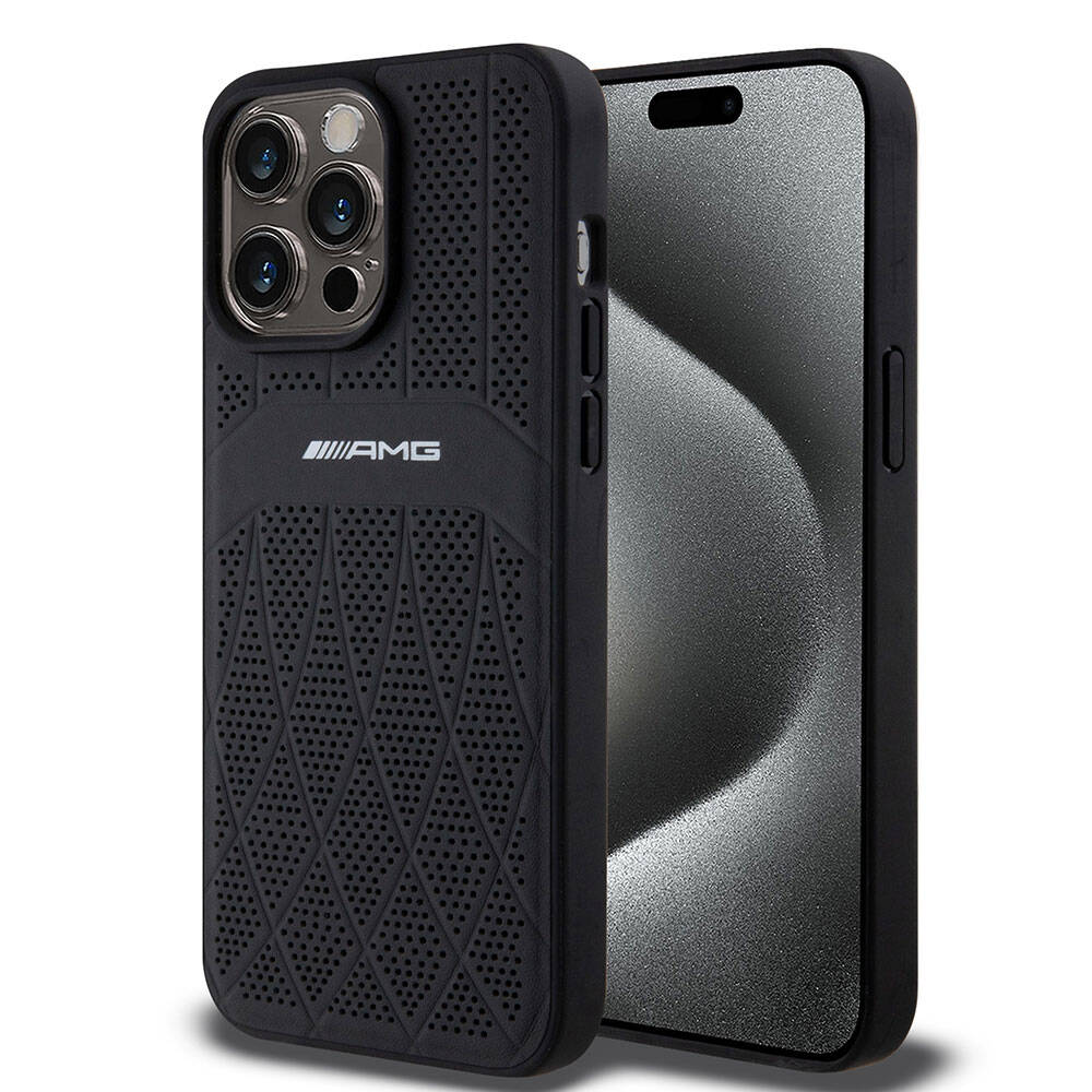 Apple iPhone 15 Pro Max Kılıf AMG Orjinal Lisanslı M-safe Şarj Özellikli Delikli Deri Kıvrımlı Çizgili Kapak - Görsel 2