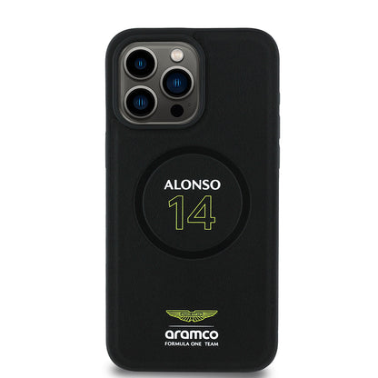 Apple iPhone 15 Pro Max Kılıf Aston Martin Orjinal Lisanslı M-safe Şarj Özellikli PU Deri Alonso 14 Baskılı Kapak