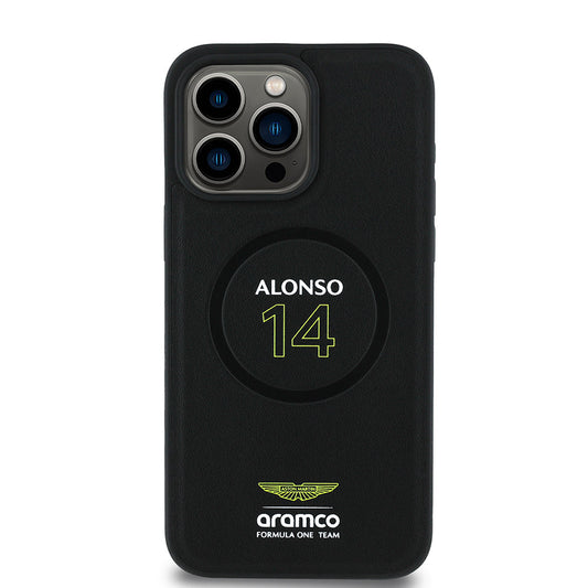 Apple iPhone 15 Pro Max Kılıf Aston Martin Orjinal Lisanslı M-safe Şarj Özellikli PU Deri Alonso 14 Baskılı Kapak