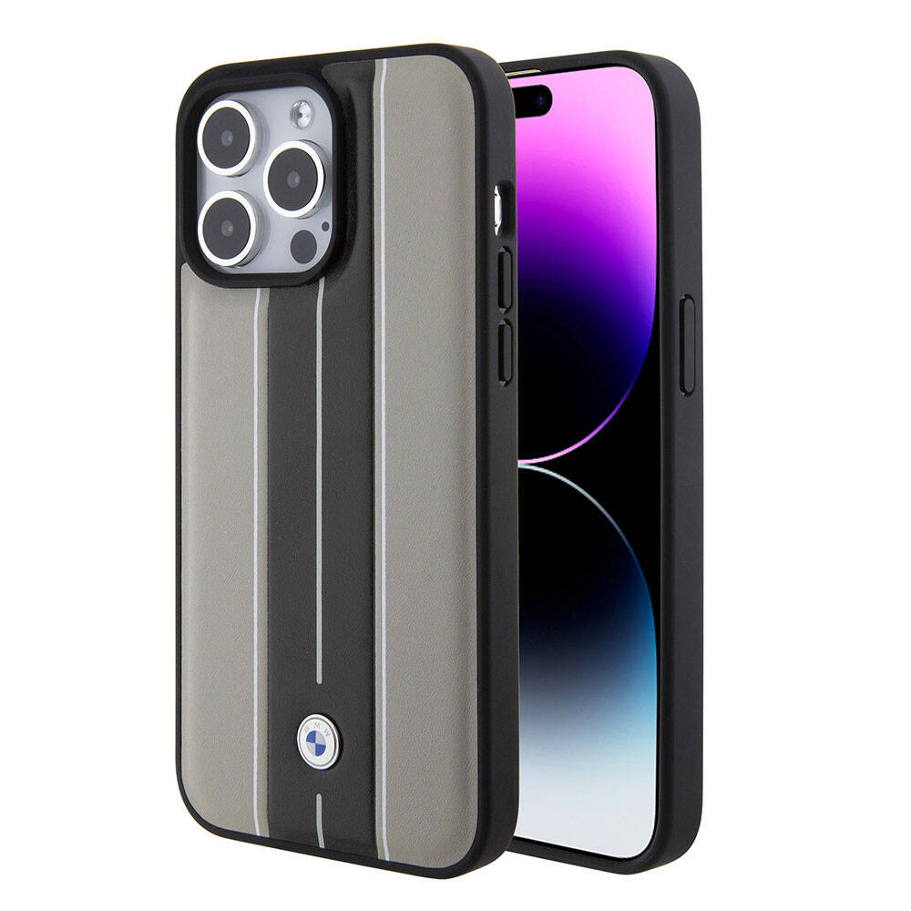Apple iPhone 15 Pro Kılıf BMW Orjinal Lisanslı Deri Arka Yüzey Metal Logolu Çift Şerit Tasarımlı Kapak - Görsel 2