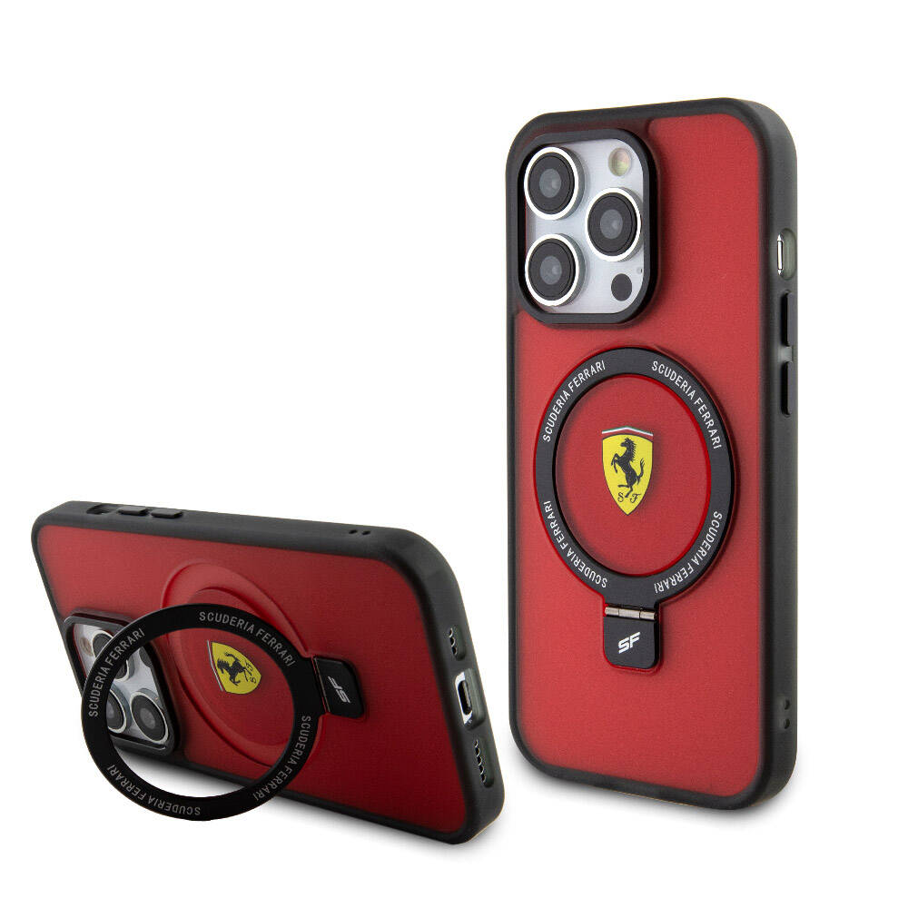 Apple iPhone 15 Pro Max Kılıf Ferrari M-safe Şarj Özellikli Standlı Buzlu Yüzey Dizayn Kapak - Görsel 5