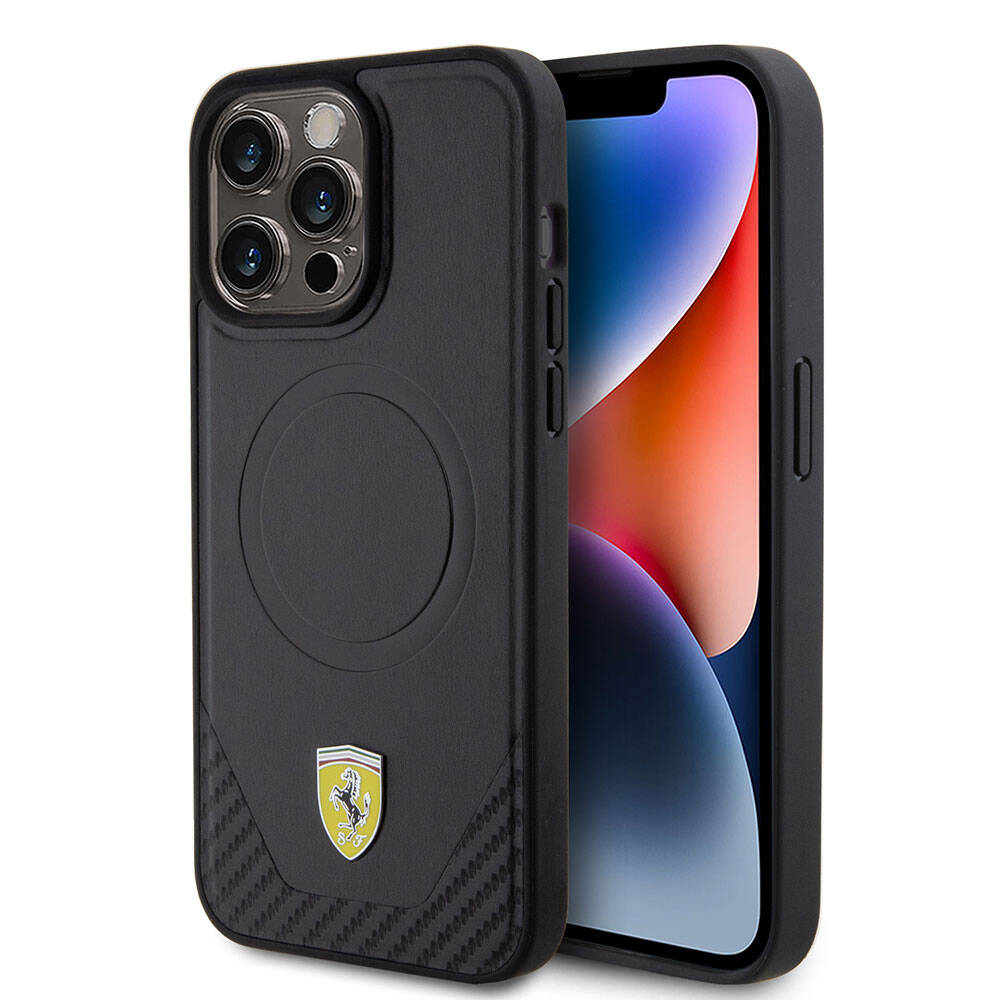 Apple iPhone 15 Pro Max Kılıf Ferrari Orjinal Lisanslı M-safe Şarj Özellikli Metal Logolu PU Karbon Kapak - Görsel 2