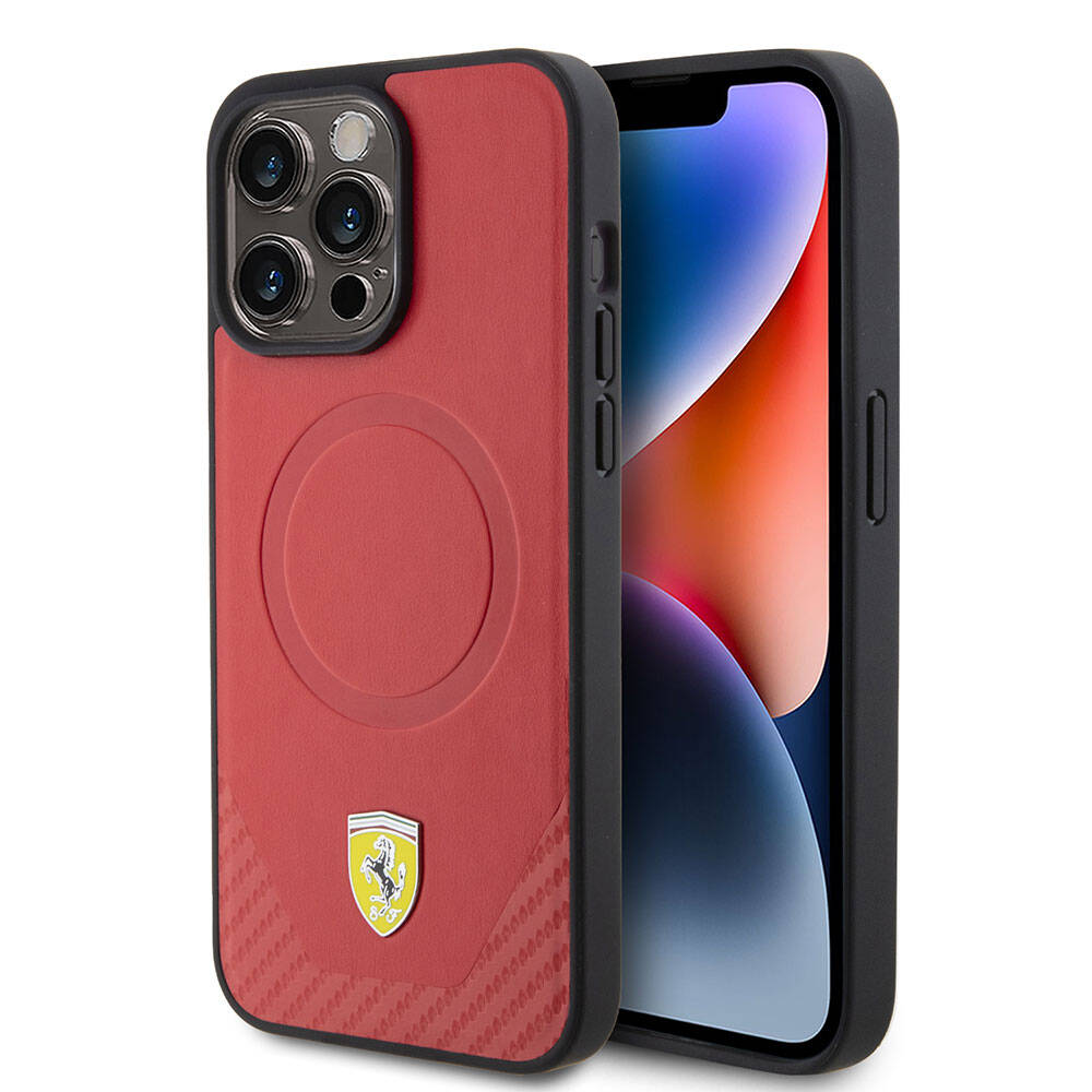 Apple iPhone 15 Pro Max Kılıf Ferrari Orjinal Lisanslı M-safe Şarj Özellikli Metal Logolu PU Karbon Kapak - Görsel 3