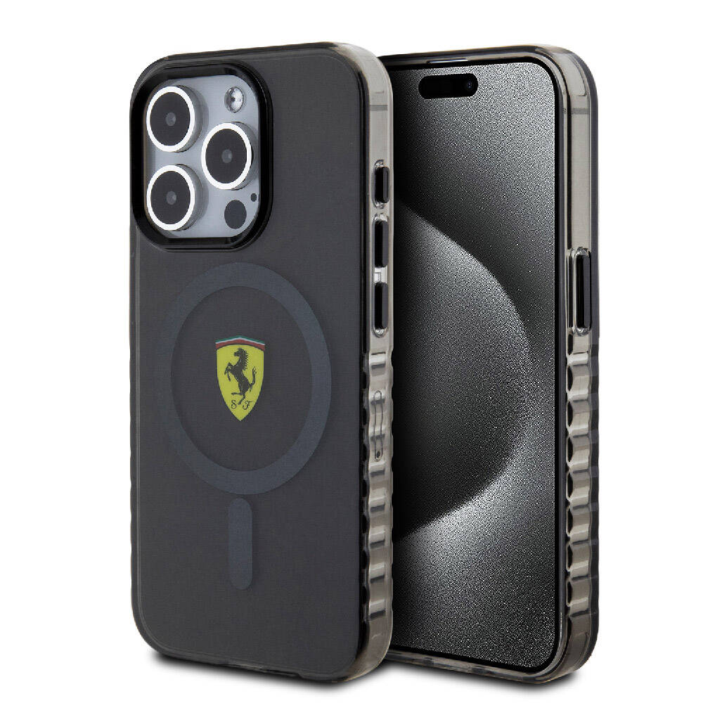 Apple iPhone 15 Pro Max Kılıf Ferrari Orjinal Lisanslı M-safe Şarj Özellikli Tırtıklı Kenar Tasarımlı Ortalanmış Logo Kapak - Görsel 2