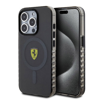 Apple iPhone 15 Pro Max Kılıf Ferrari Orjinal Lisanslı M-safe Şarj Özellikli Tırtıklı Kenar Tasarımlı Ortalanmış Logo Kapak - Görsel 2