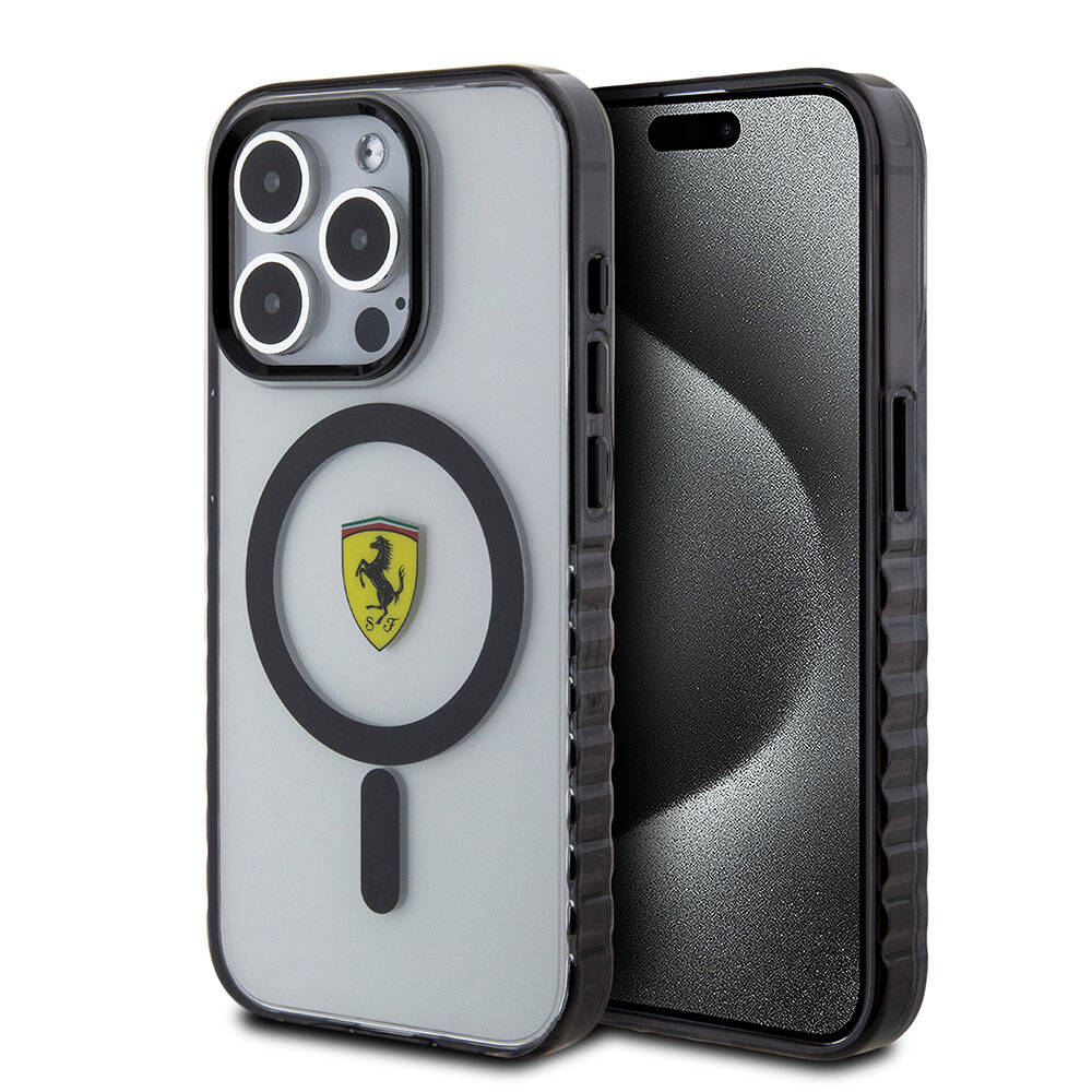 Apple iPhone 15 Pro Max Kılıf Ferrari Orjinal Lisanslı M-safe Şarj Özellikli Tırtıklı Kenar Tasarımlı Ortalanmış Logo Kapak - Görsel 3