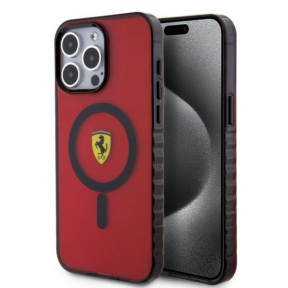 Apple iPhone 15 Pro Max Kılıf Ferrari Orjinal Lisanslı M-safe Şarj Özellikli Tırtıklı Kenar Tasarımlı Ortalanmış Logo Kapak - Görsel 4