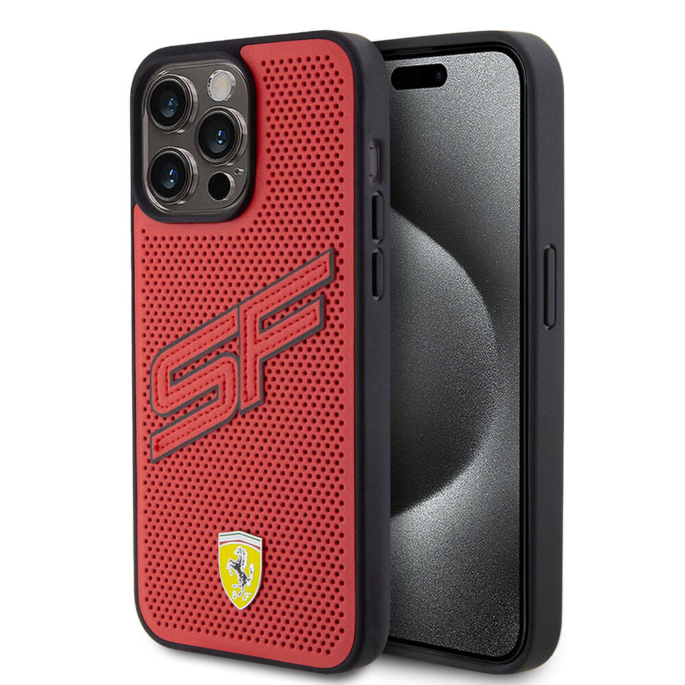 Apple iPhone 15 Pro Max Kılıf Ferrari Orjinal Lisanslı PU Delikli Arka Yüzey Metal Logolu Dikişli Büyük SF Yazılı Kapak - Görsel 3