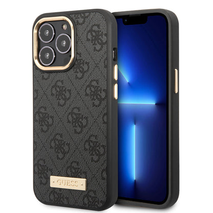 Apple iPhone 15 Pro Max Kılıf Guess Orjinal Lisanslı M-safe Şarj Özellikli 4G Desenli PU Metal Plaka Klasik Logolu Kapak - Görsel 3