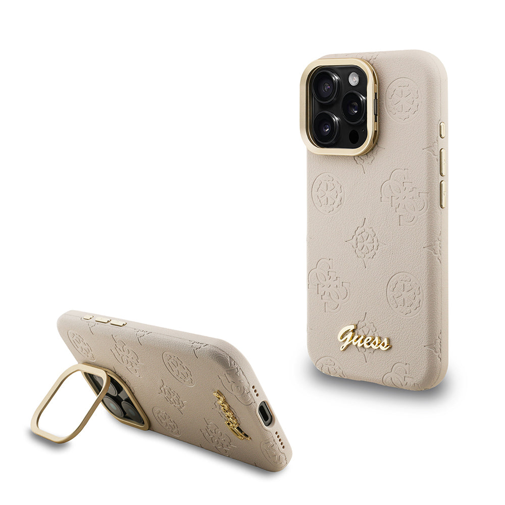 Apple iPhone 15 Pro Max Kılıf Guess Orjinal Lisanslı M-safe Şarj Özellikli Sıcak Baskılı Yazı Logolu Kamera Standlı PU Deri Peony Kapak - Görsel 3