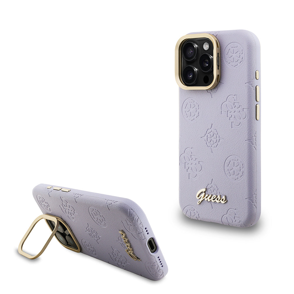 Apple iPhone 15 Pro Max Kılıf Guess Orjinal Lisanslı M-safe Şarj Özellikli Sıcak Baskılı Yazı Logolu Kamera Standlı PU Deri Peony Kapak - Görsel 5