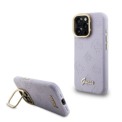 Apple iPhone 15 Pro Max Kılıf Guess Orjinal Lisanslı M-safe Şarj Özellikli Sıcak Baskılı Yazı Logolu Kamera Standlı PU Deri Peony Kapak - Görsel 5