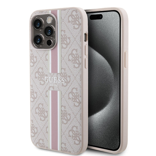 Apple iPhone 15 Pro Max Kılıf Guess Orjinal Lisanslı M-safe Şarj Özellikli 4G Şerit Tasarımlı Printed Kapak