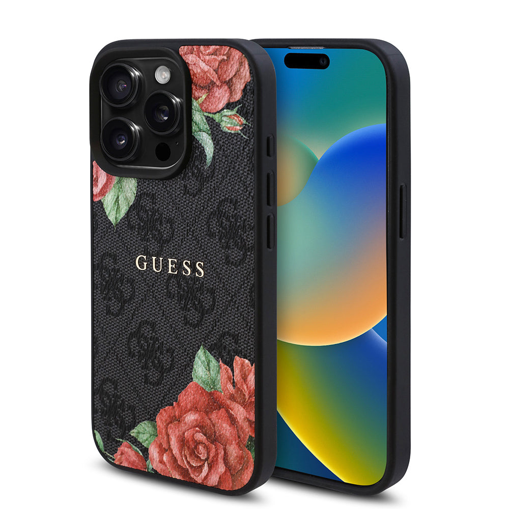 Apple iPhone 15 Pro Max Kılıf Guess Orjinal Lisanslı M-safe Şarj Özellikli Gül Baskılı 4G Desenli Yazı Logolu Kapak - Görsel 3