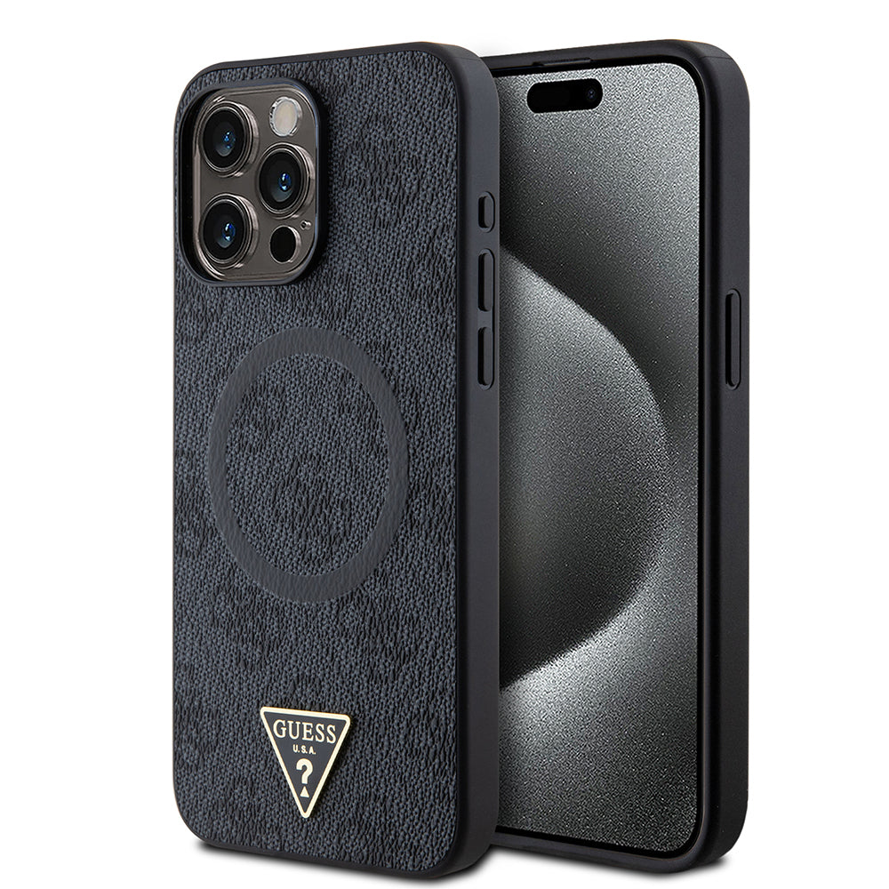 Apple iPhone 15 Pro Max Kılıf Guess Orjinal Lisanslı M-safe Şarj Özellikli PU Üçgen Logo 4G Desenli Kapak - Görsel 3